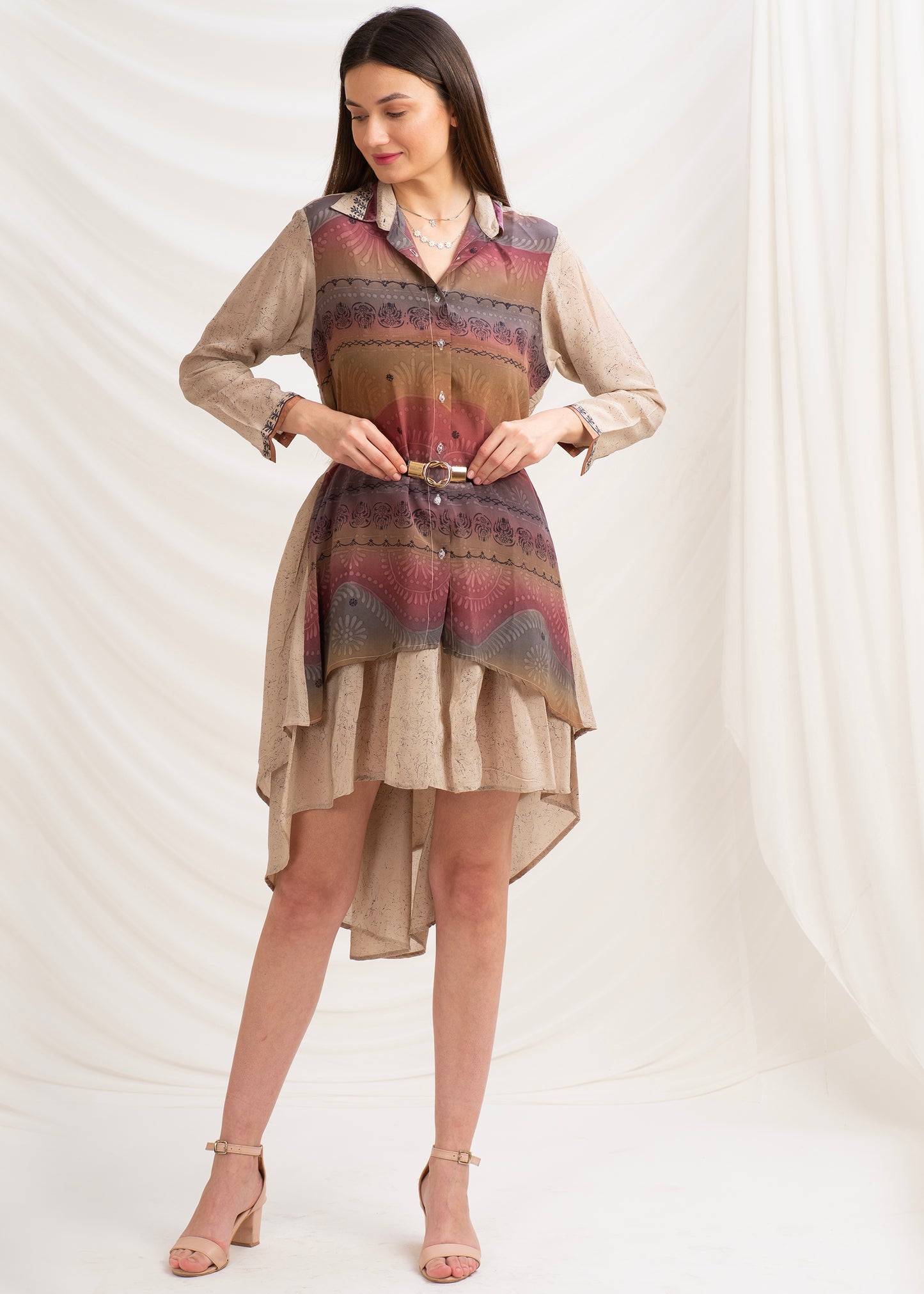 Sanskriti Vintage High Low Coord Set, Pure Crepe Silk Upcycled Sari, Small Size