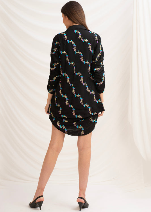 Sanskriti Vintage 3 Piece Coord Set, Black Pure Crepe Silk Upcycled Sari, Large