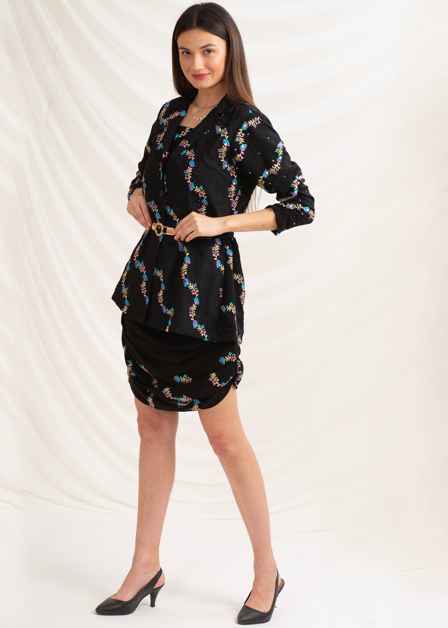 Sanskriti Vintage 3 Piece Coord Set, Black Pure Crepe Silk Upcycled Sari, Large