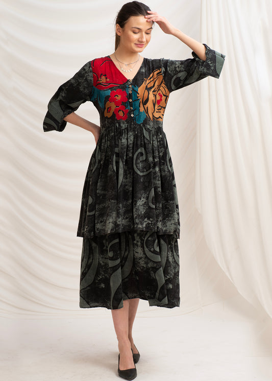 Sanskriti Vintage Maxi Dress Pure Crepe Silk Floral Printed, Upcycled Free Size