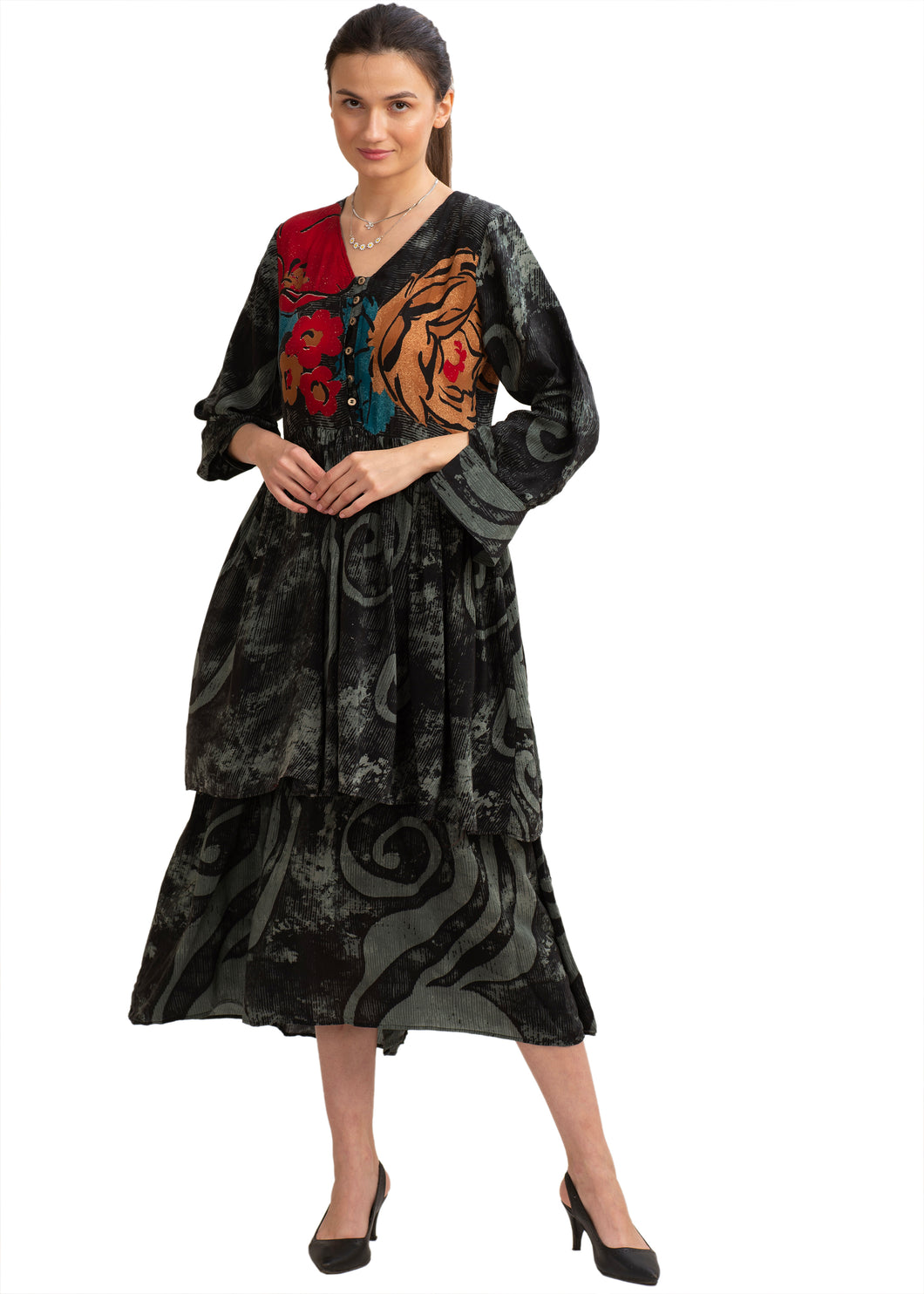 Sanskriti Vintage Maxi Dress Pure Crepe Silk Floral Printed, Upcycled Free Size