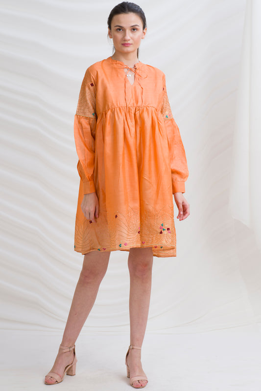 Sanskriti Vintage Tunic Dress w/ Balloon Sleeves Pure Silk, Upcycled Free Size