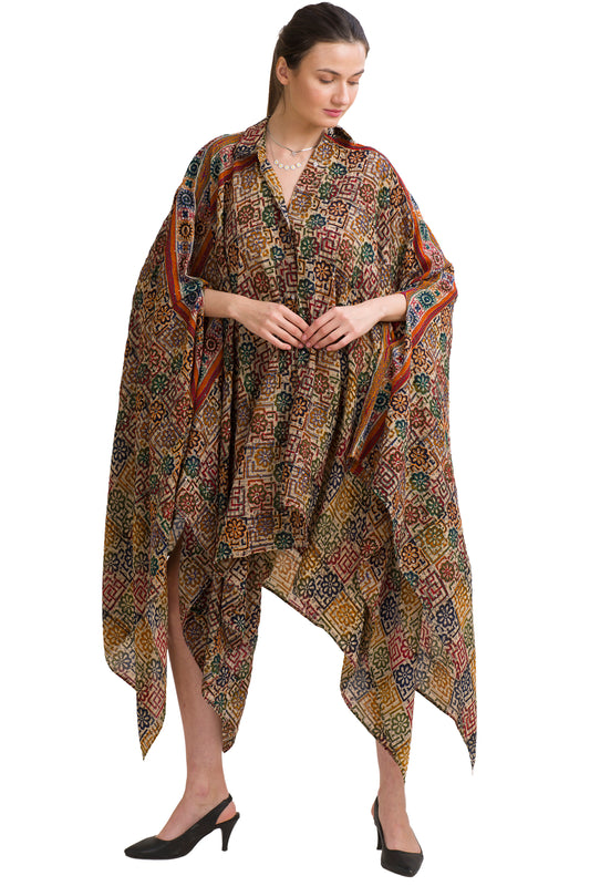 Sanskriti Vintage High Low Kaftan for Women Pure Crepe Silk, Upcycled Free Size