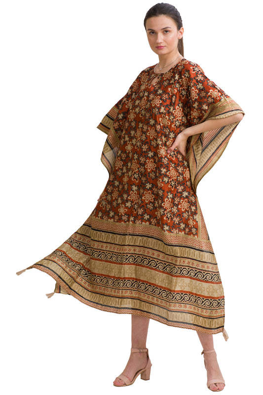 Sanskriti Vintage Keyhole Kaftan Pure Silk Floral Kantha, Upcycled Free Size