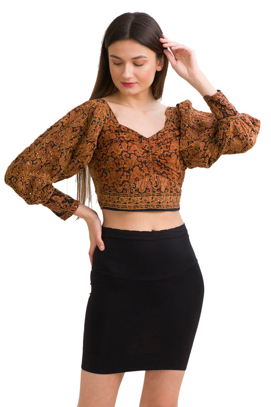 Sanskriti Vintage Pleated Kantha Blouse, Pure Crepe Silk Upcycled Sari, Available in 2 Sizes