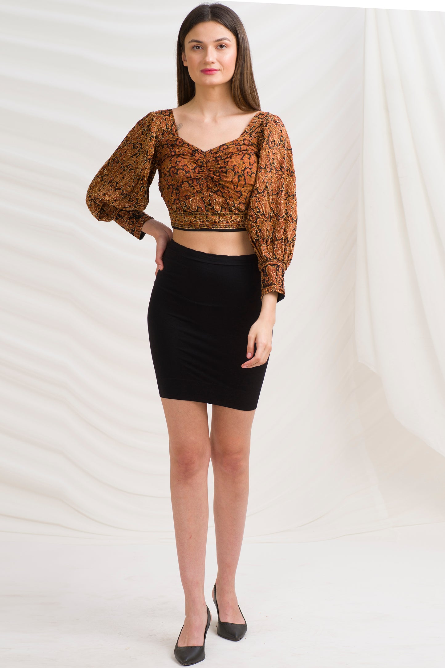 Sanskriti Vintage Pleated Kantha Blouse, Pure Crepe Silk Upcycled Sari, Available in 2 Sizes