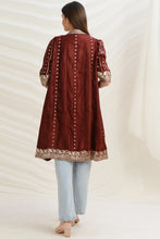 Load image into Gallery viewer, Sanskriti Vintage Long Flared Jacket Satin Silk Brocade, Upcycled Free Size
