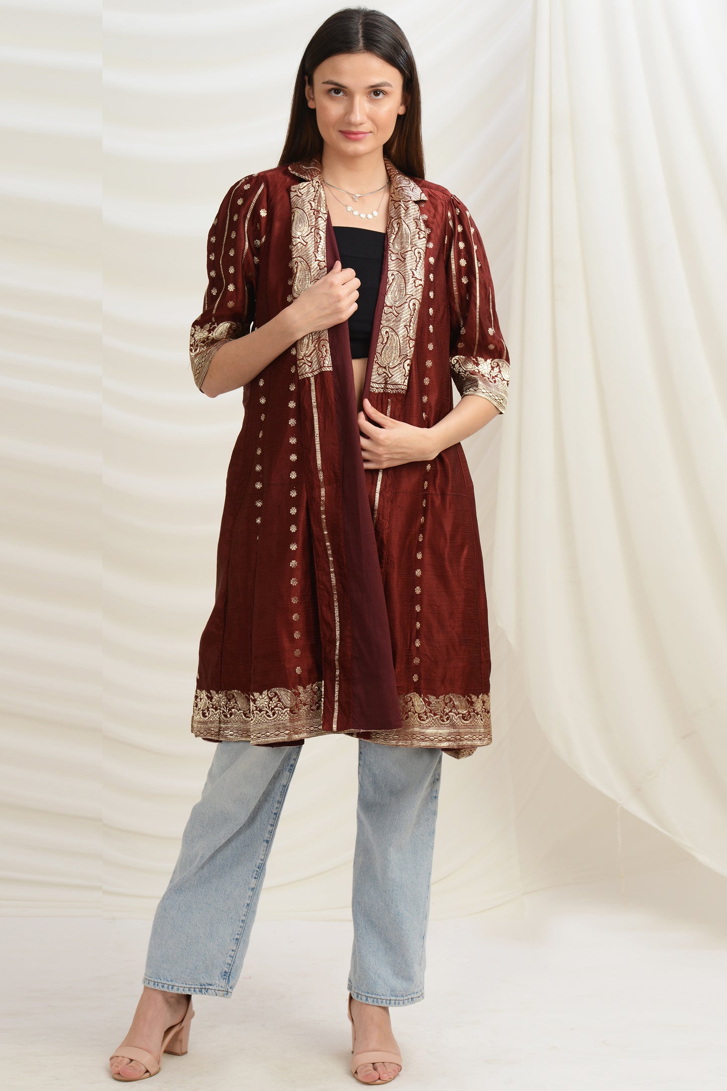 Sanskriti Vintage Long Flared Jacket Satin Silk Brocade, Upcycled Free Size