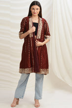 Load image into Gallery viewer, Sanskriti Vintage Long Flared Jacket Satin Silk Brocade, Upcycled Free Size
