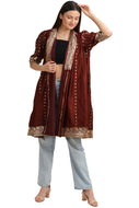 Sanskriti Vintage Long Flared Jacket Satin Silk Brocade, Upcycled Free Size