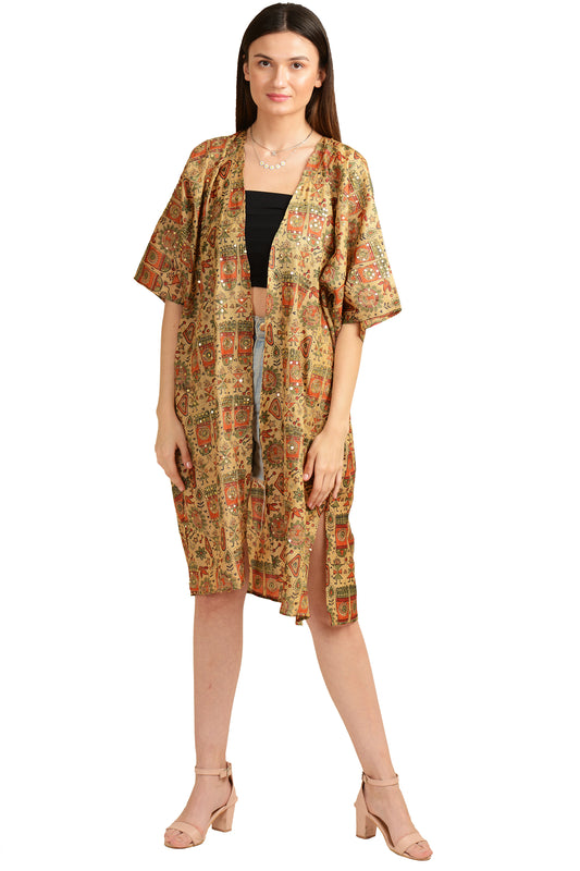 Sanskriti Vintage Kimono Jacket Pure Silk Hand Block Print, Upcycled Free Size