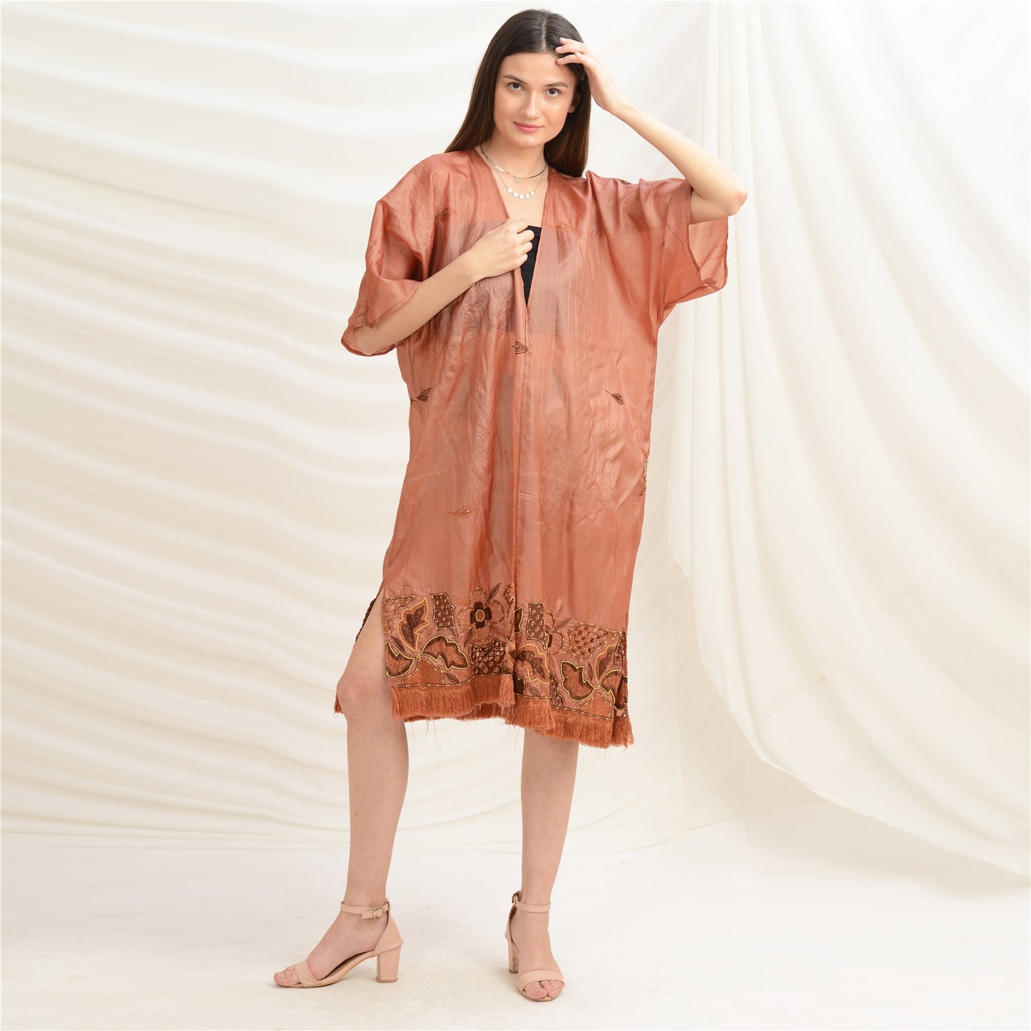 Sanskriti Vintage Kimono Jacket Cover-Up Pure Silk Floral, Upcycled Free Size