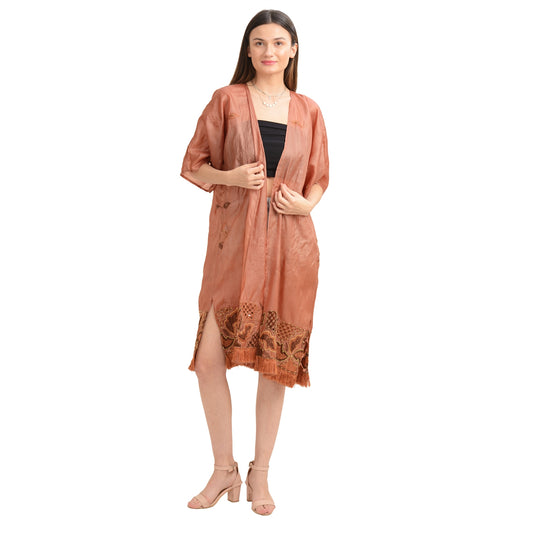 Sanskriti Vintage Kimono Jacket Cover-Up Pure Silk Floral, Upcycled Free Size