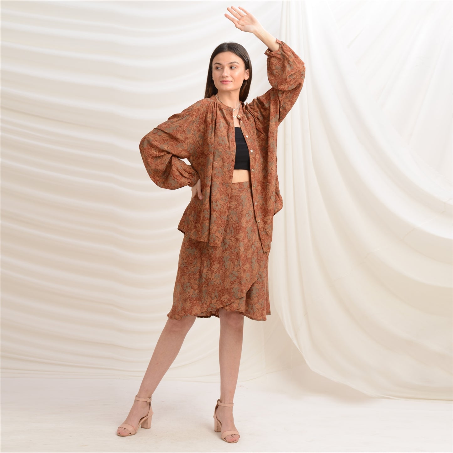 Sanskriti Vintage Coord Set Pure Crepe Silk Floral Printed, Upcycled Free Size