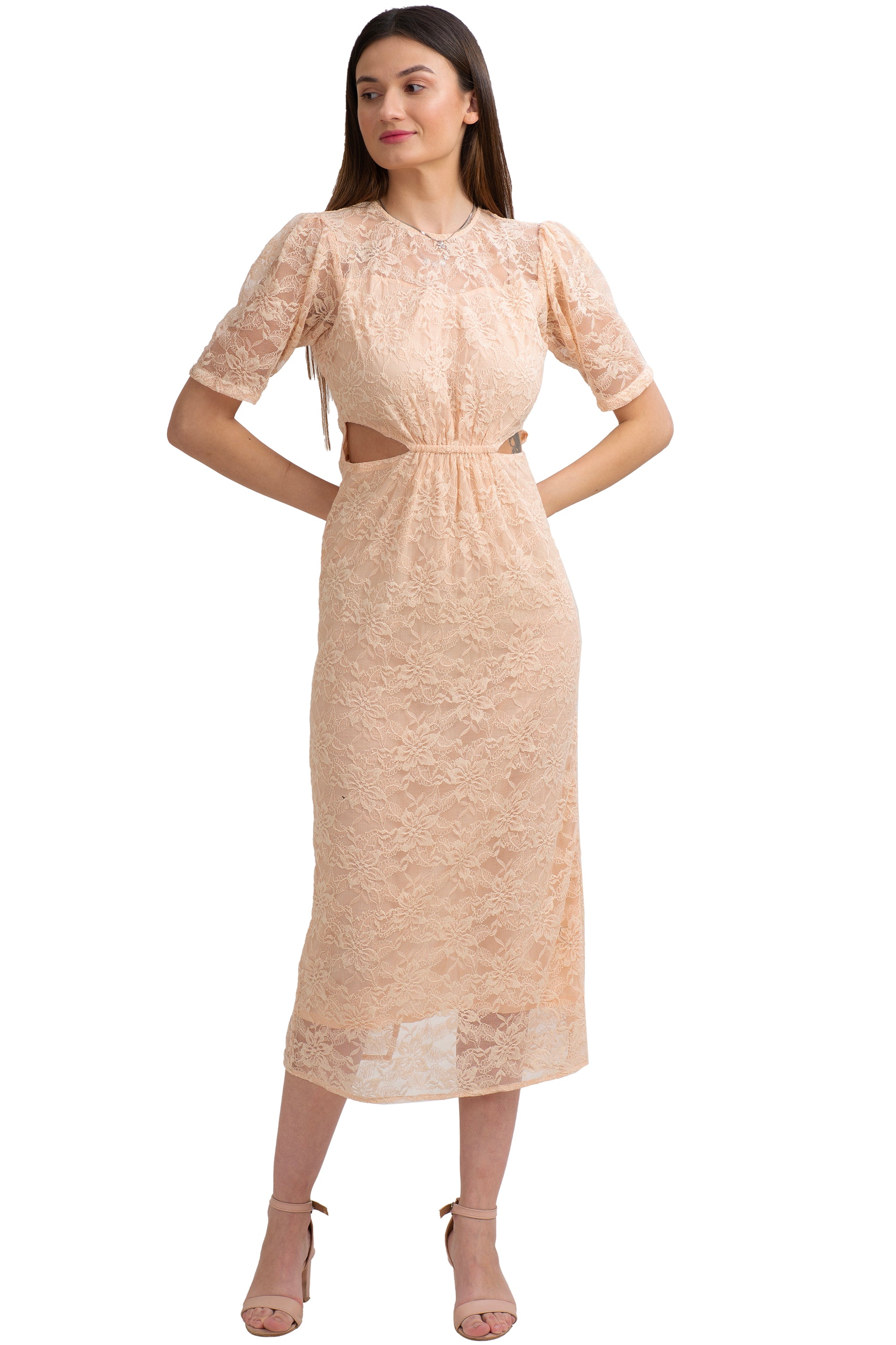 Sanskriti Vintage Straight Fit Dress, Peach Soft Net Upcycled Sari, Medium Size Sanskriti Vintage Straight Fit Dress, Peach Soft Net Upcycled Sari, Medium Size