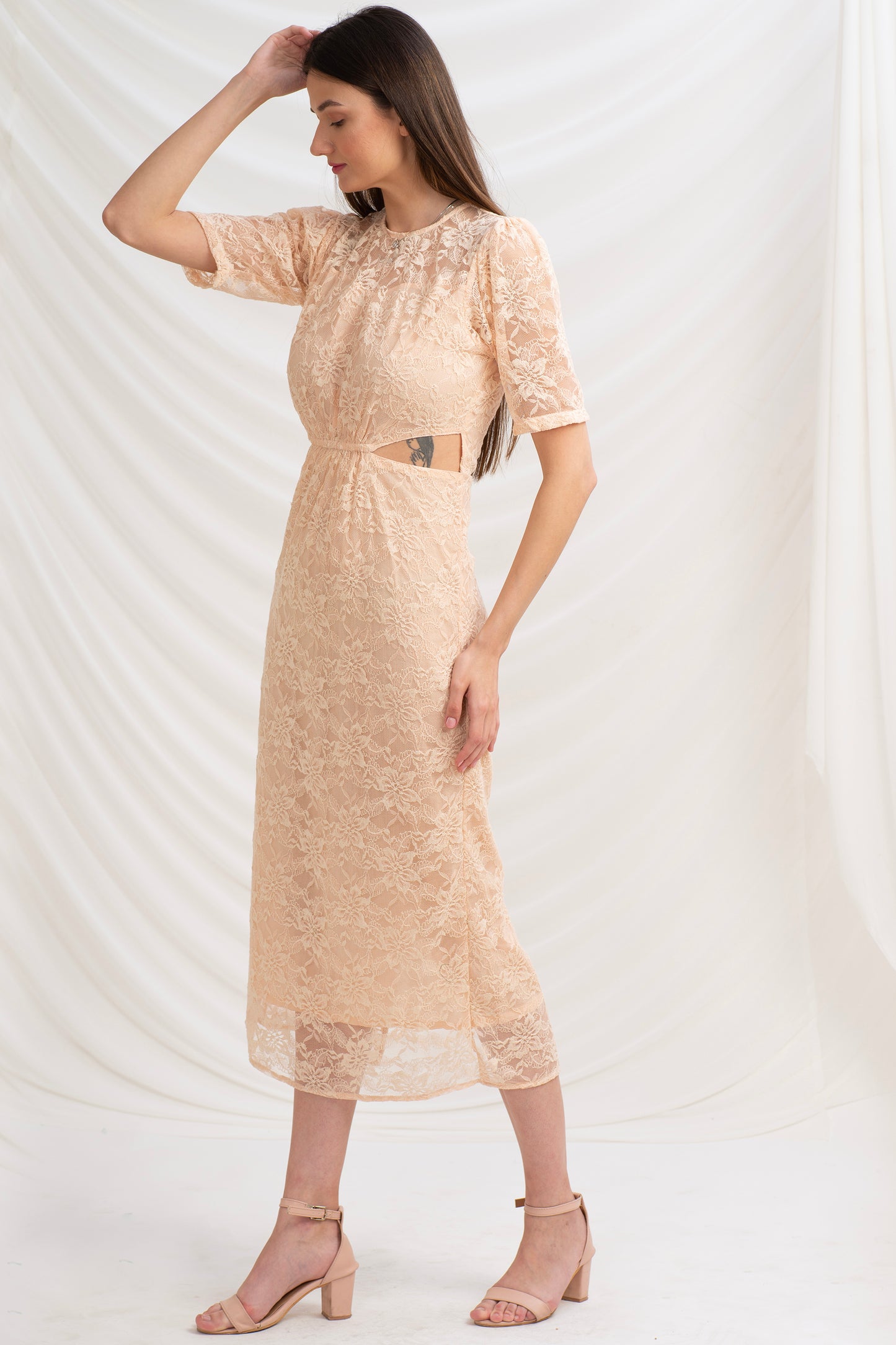 Sanskriti Vintage Straight Fit Dress, Peach Soft Net Upcycled Sari, Medium Size