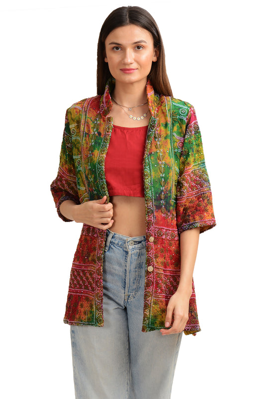 Sanskriti Vintage Straight Fit Jacket Georgette Tie-Dye Phulkari, Free Size