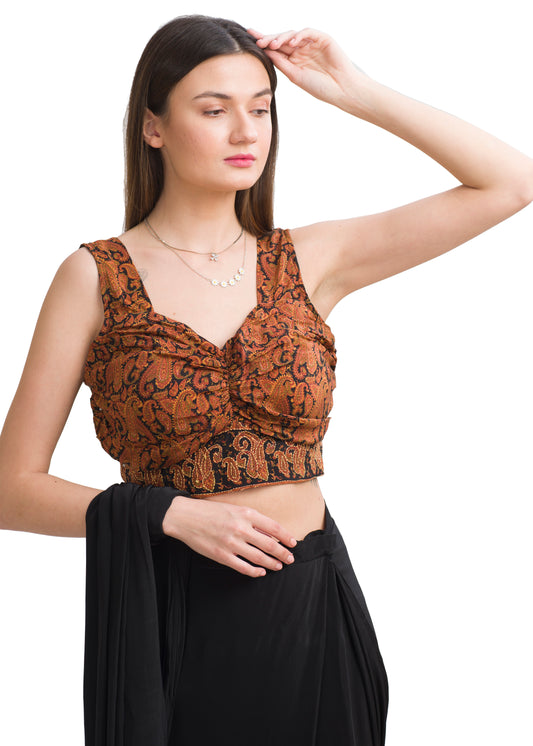 Sanskriti Vintage Sleeveless Pleated Blouse, Upcycled Pure Crepe Silk Kantha Sari, Small