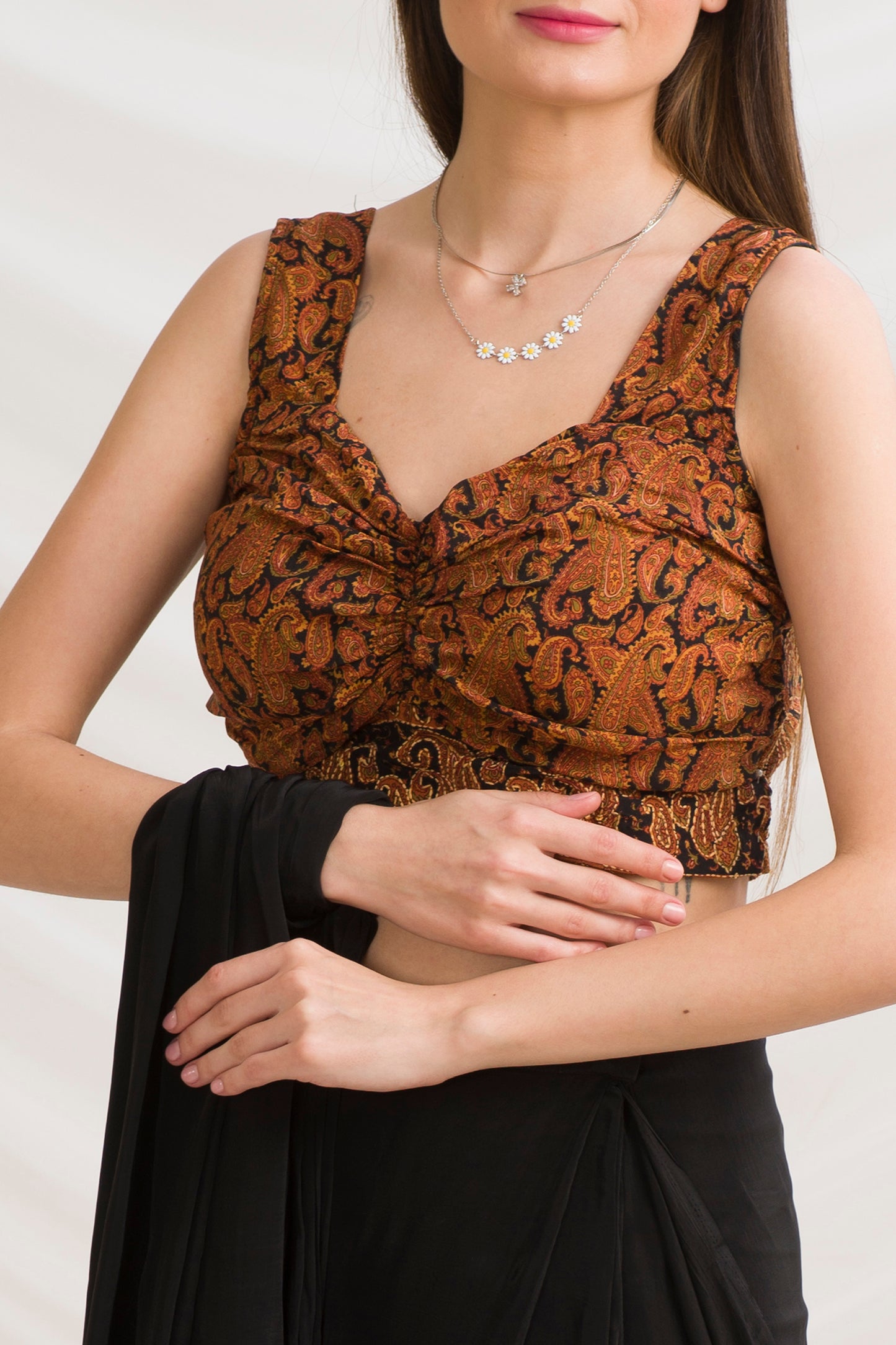 Sanskriti Vintage Sleeveless Pleated Blouse, Upcycled Pure Crepe Silk Kantha Sari, Small