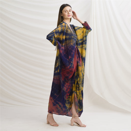 Sanskriti Vintage High Low Kaftan, Pure Crepe Silk Upcycled Sari, Free Size