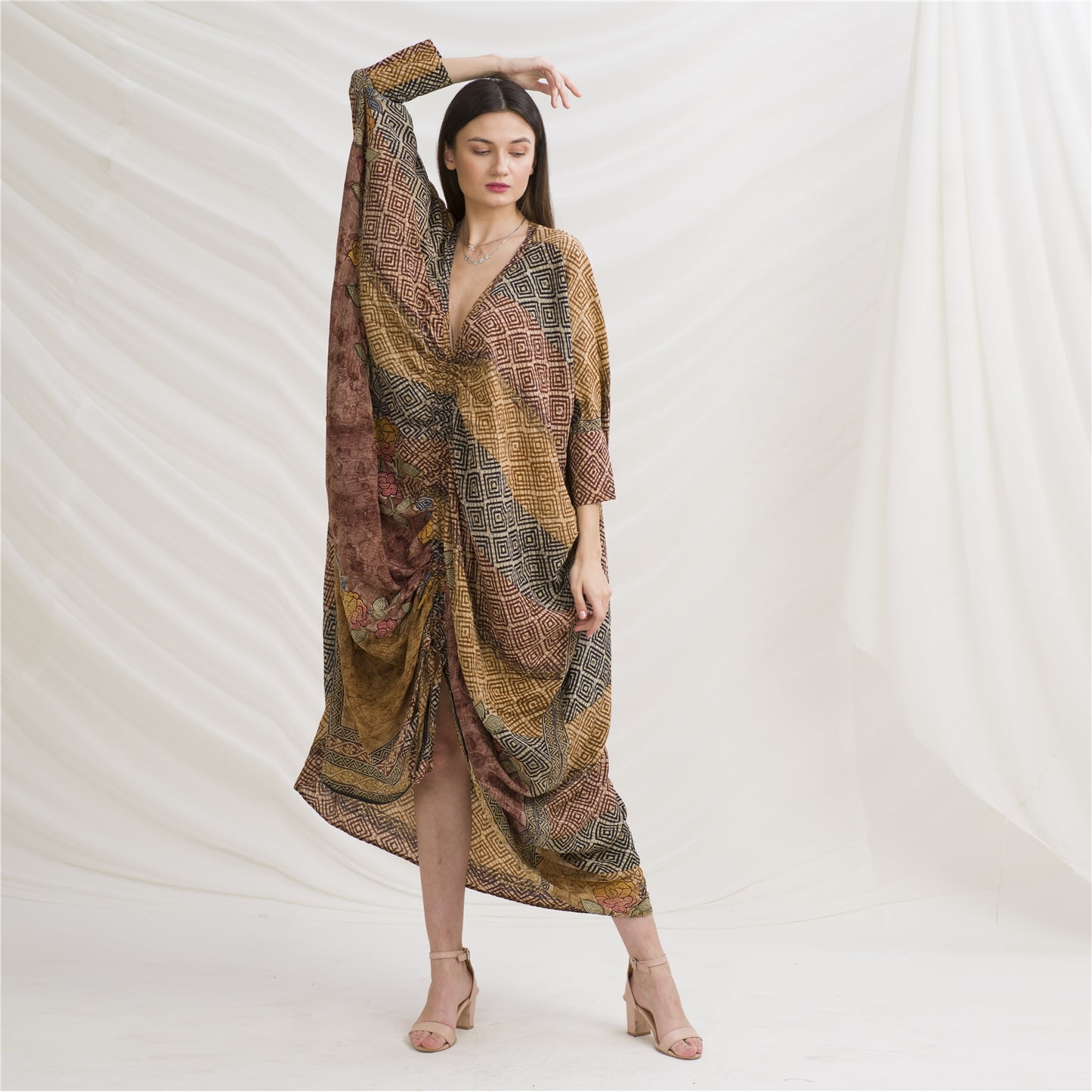 Sanskriti Vintage High Low Kaftan, Pure Crepe Silk Upcycled Sari, Free Size