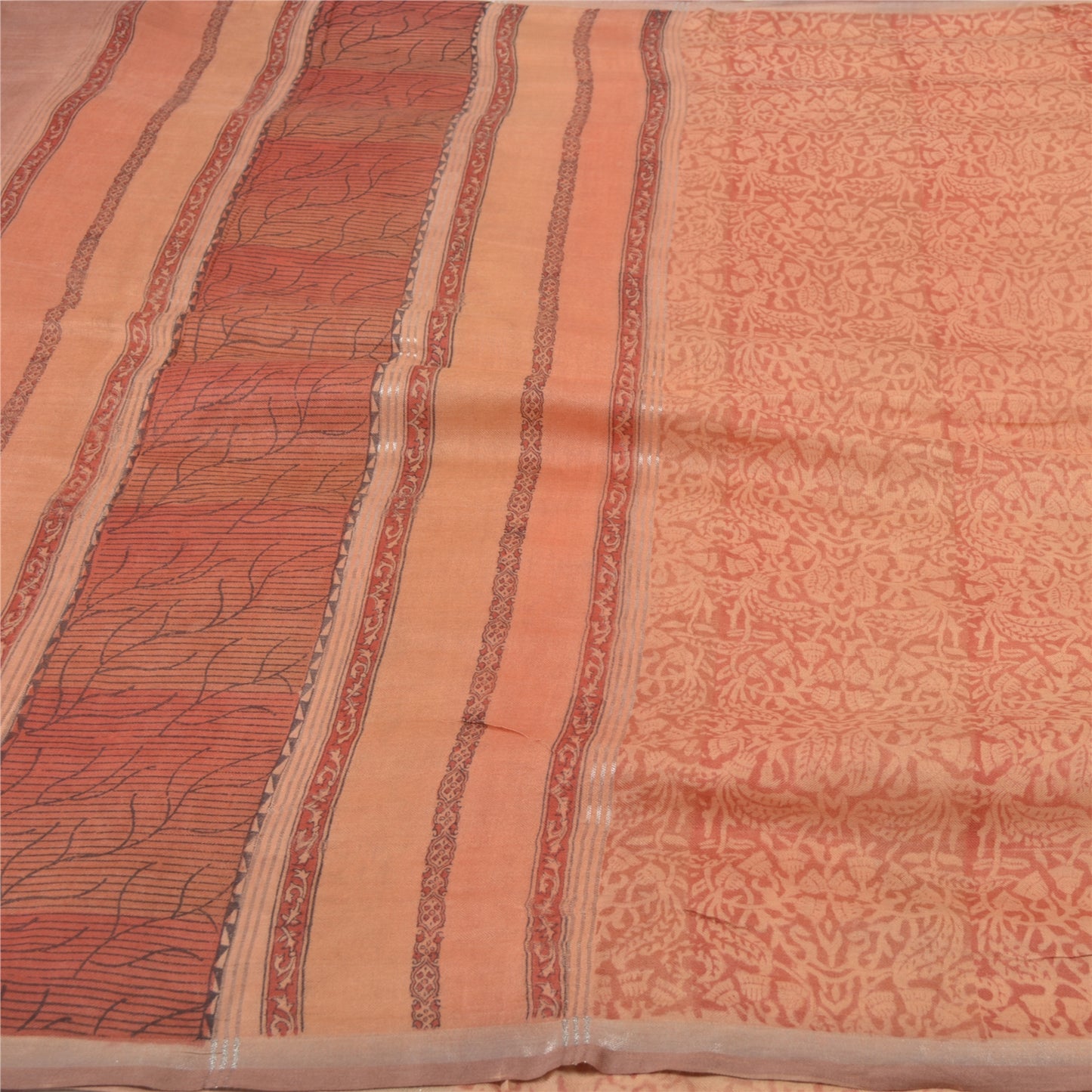 Sanskriti Vintage Peach Heavy Saries Blandet Bomuld Bæredygtigt Stoff Trykt & Vævet Sari