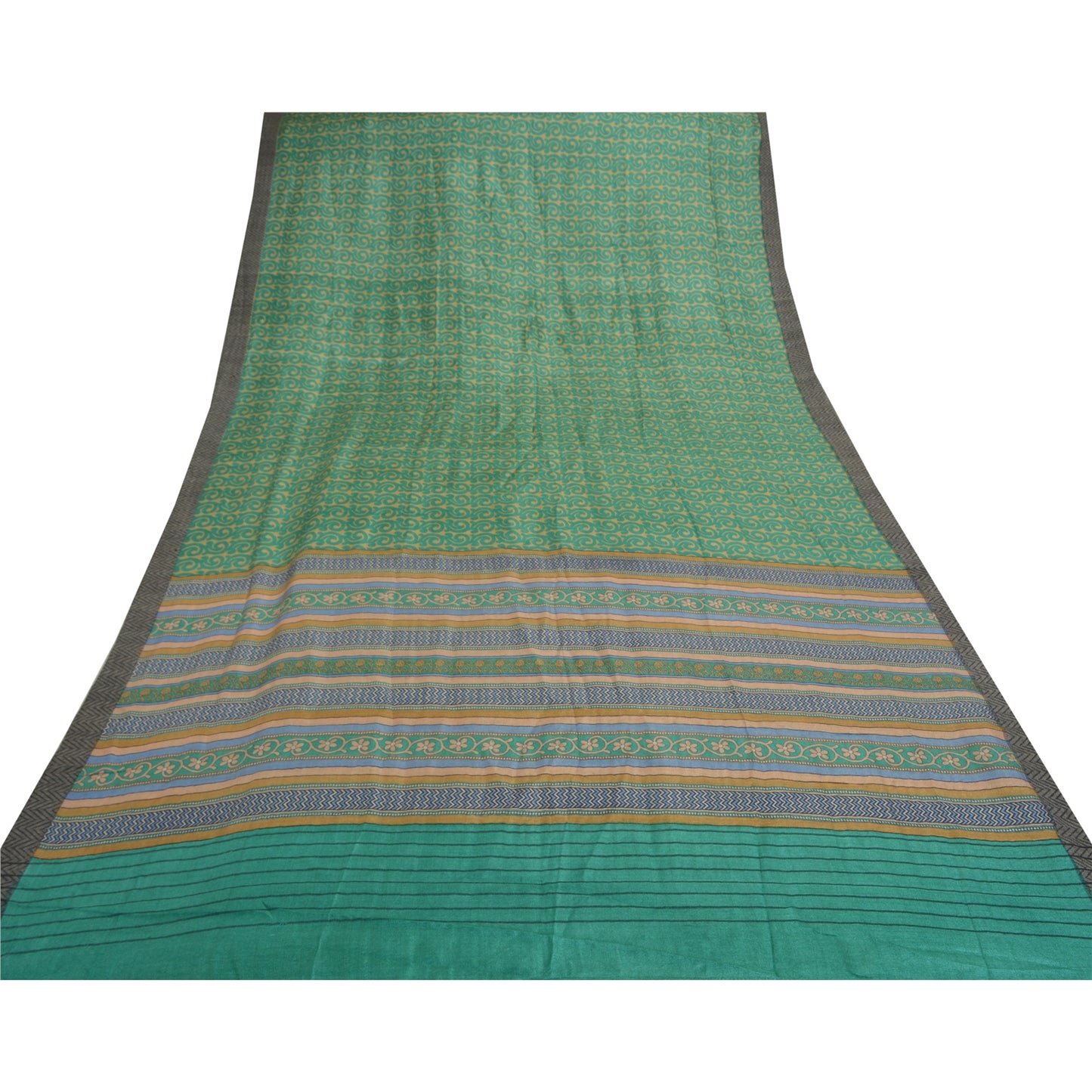 Sanskriti Vintage Heavy Green Sari 100% Pure Woolen Sustainable Fabric Printed 5 Yard Sarees