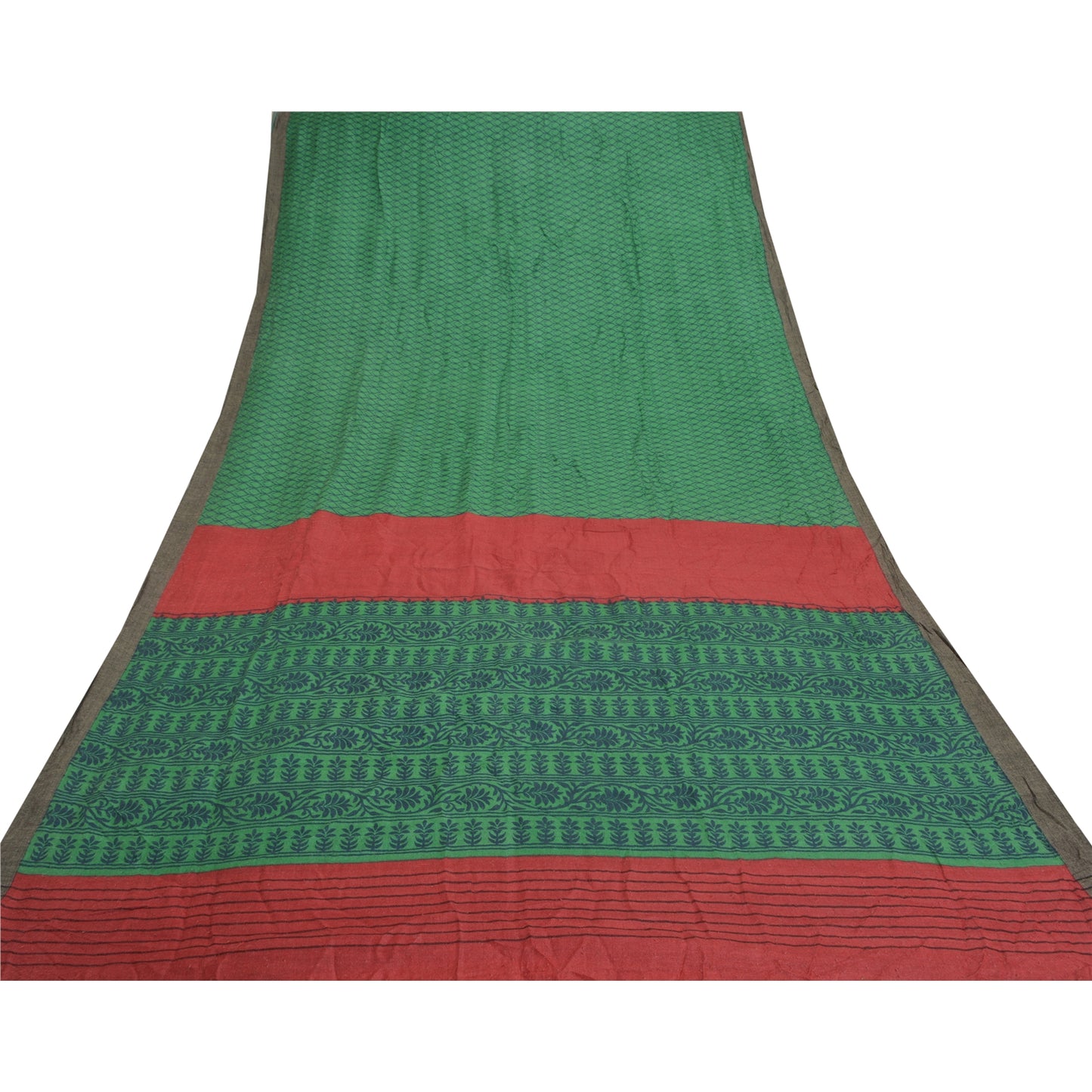 Sanskriti Vintage Heavy Green Sari 100% Pure Woolen Sustainable Fabric Printed 5 Yard Sarees
