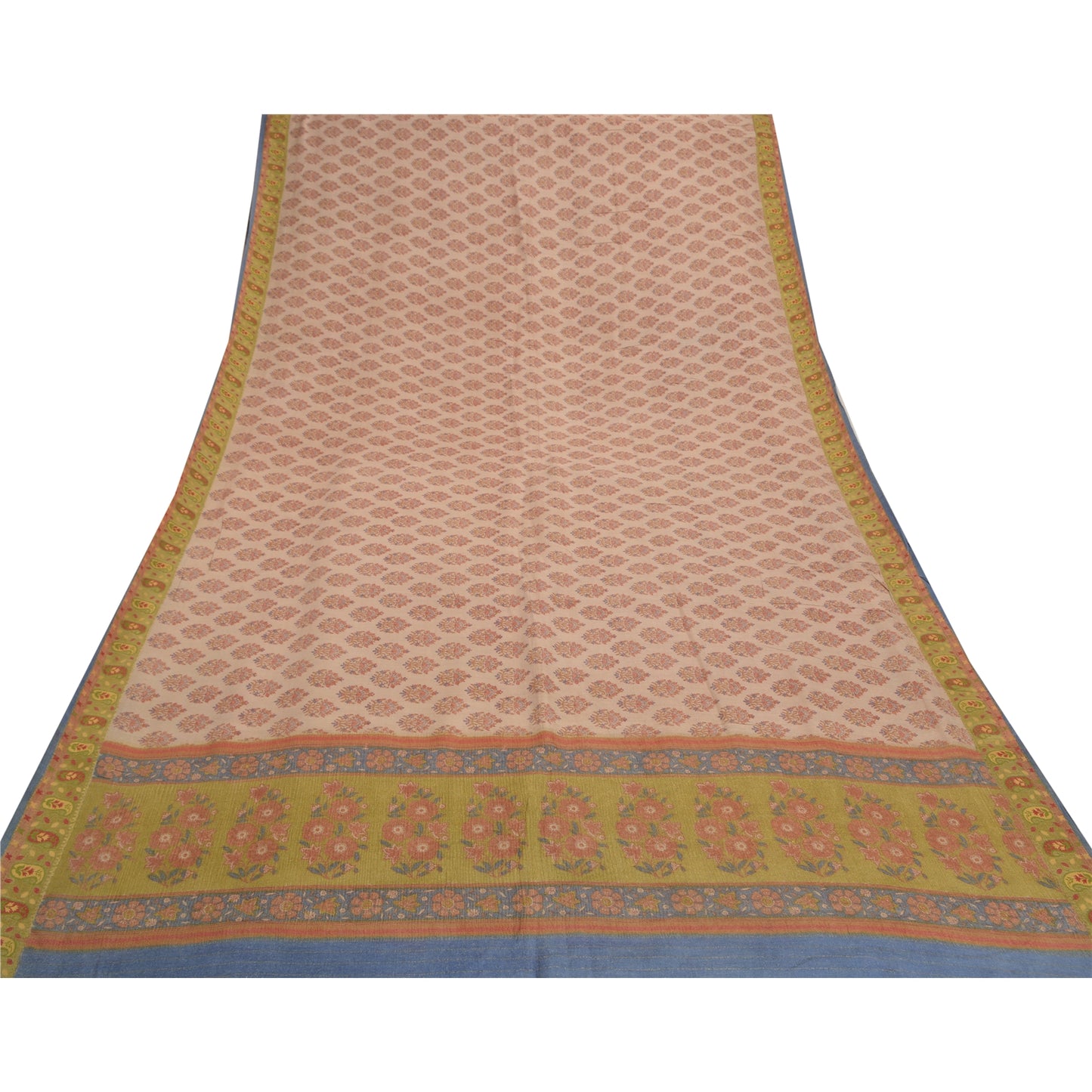 Sanskriti Vintage Heavy Cream Sari 100% Pure Silk Sustainable Fabric Printed 5 Yard Sarees