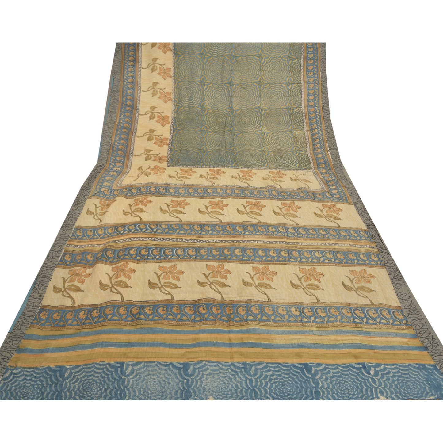 Sanskriti Vintage Heavy Indian Sari Pure Woolen Blue Sustainable Fabric Printed Sarees