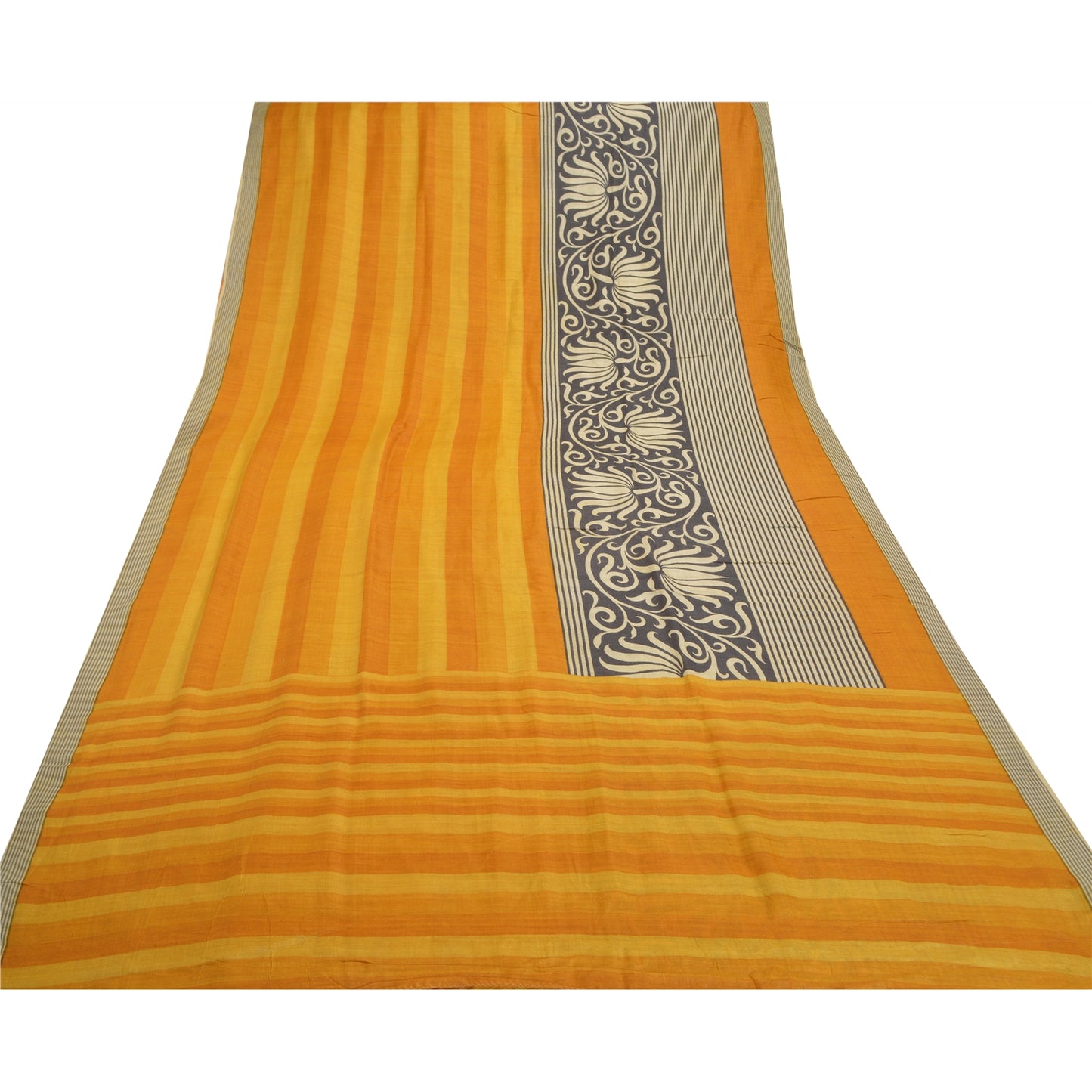 Sanskriti Vintage Heavy Saffron Sari 100% Pure Silk Sustainable Fabric Printed 5 Yard Sarees