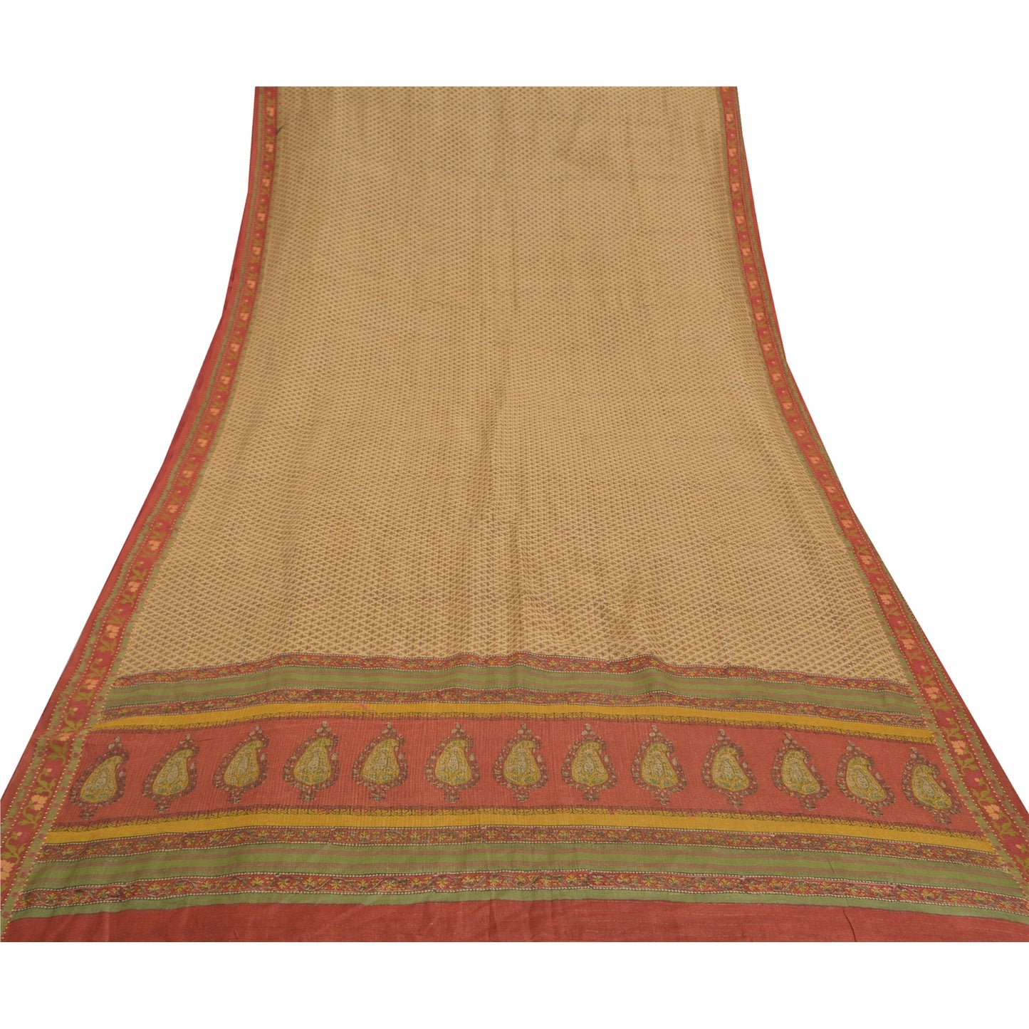 Sanskriti Vintage Heavy Cream Sari 100% Pure Silk Sustainable Fabric Printed 5 Yard Sarees