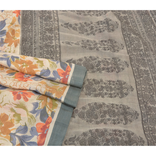 Sanskriti Vintage Heavy Sari 100% Pure Woolen Cream Sustainable Fabric Printed/Woven Sarees
