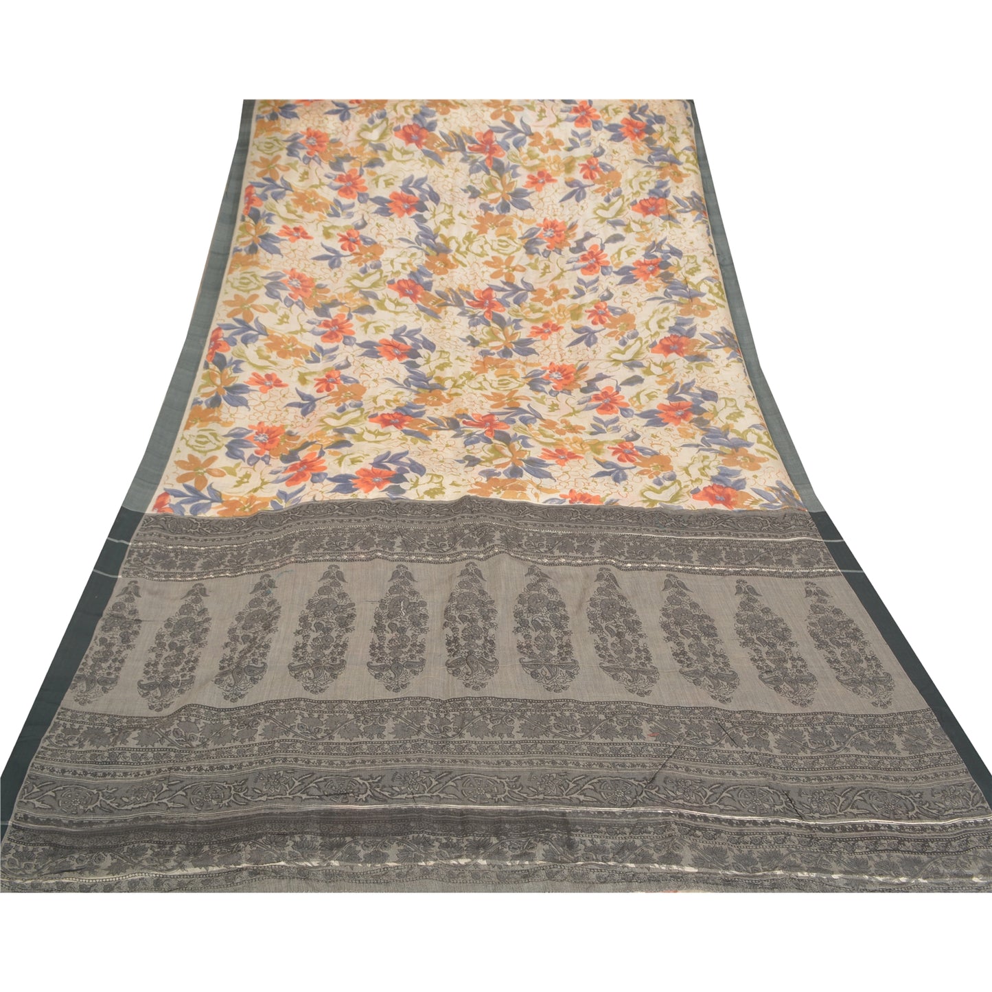 Sanskriti Vintage Heavy Sari 100% Pure Woolen Cream Sustainable Fabric Printed/Woven Sarees