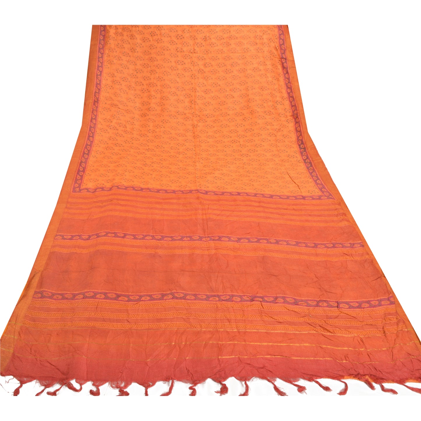 Sanskriti Vintage Heavy Sari 100% Pure Woolen Orange Sustainable Fabric Printed/Woven Sarees