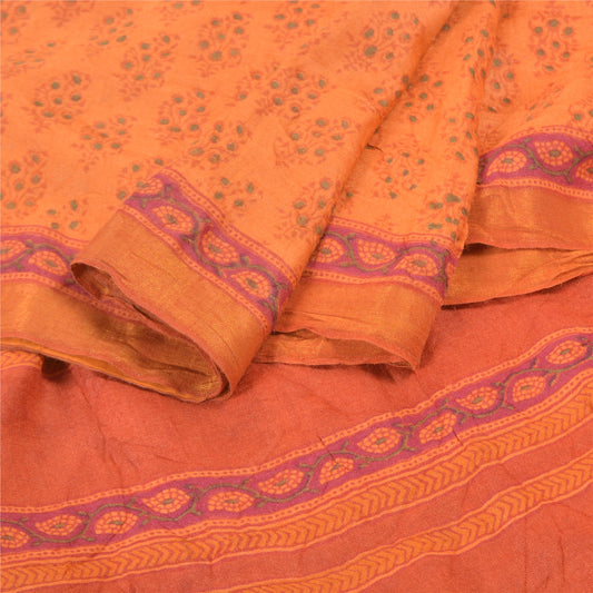 Sanskriti Vintage Heavy Sari 100% Pure Woolen Orange Sustainable Fabric Printed/Woven Sarees