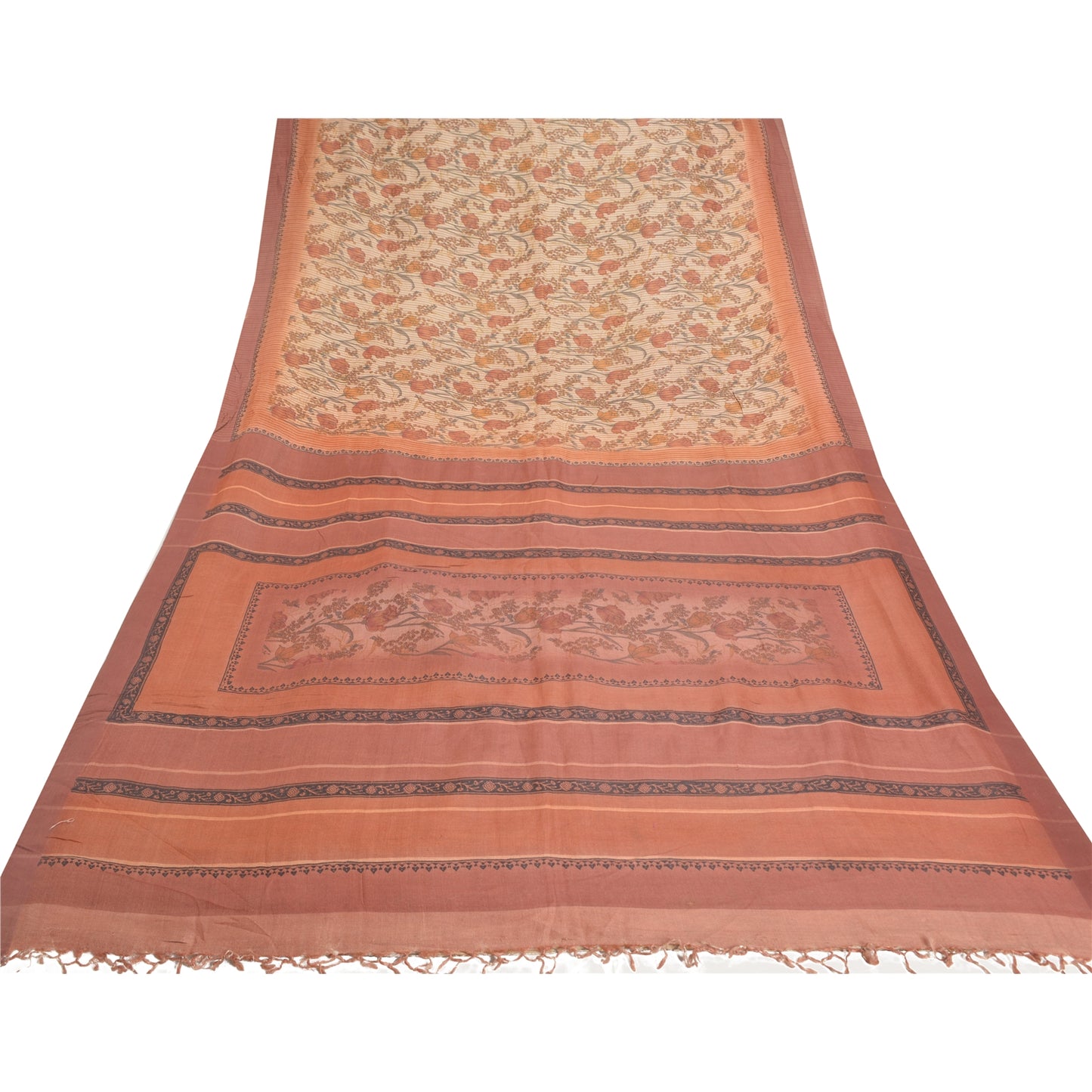 Sanskriti Vintage Heavy Sari 100% Pure Woolen Beige Sustainable Fabric Printed/Woven Sarees