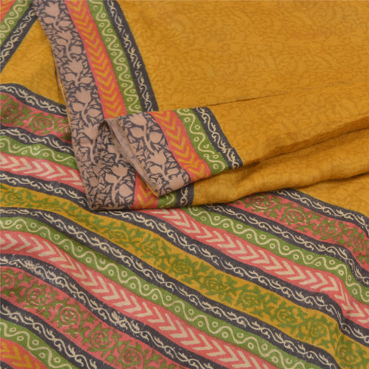Sanskriti Vintage Heavy Indian Sari Pure Woolen Mustard Sustainable Fabric Printed Sarees