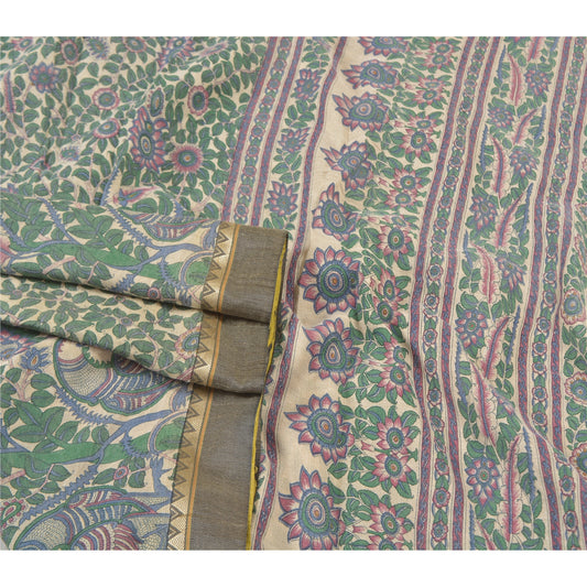 Sanskriti Vintage Heavy Indian Sari Pure Woolen Ivory Sustainable Fabric Printed Sarees