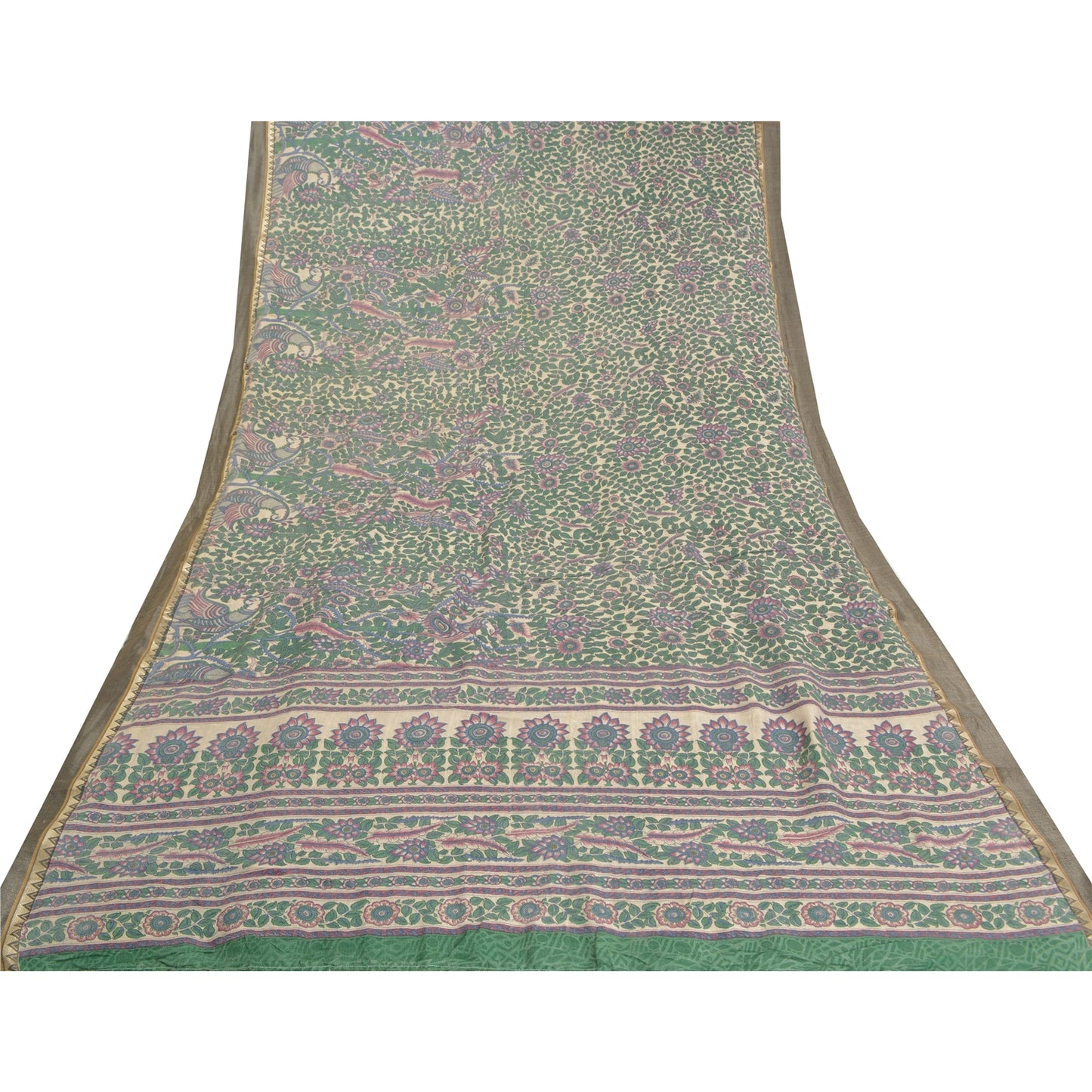 Sanskriti Vintage Heavy Indian Sari Pure Woolen Ivory Sustainable Fabric Printed Sarees