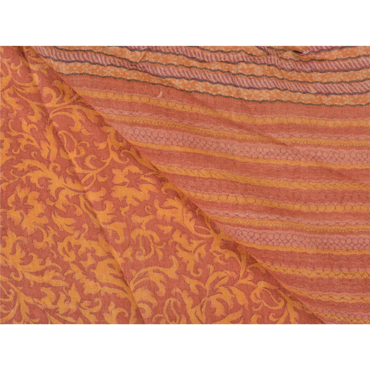 Sanskriti Vintage Heavy Rusty Orange Sari Pure Woolen Sustainable Fabric Printed Sarees