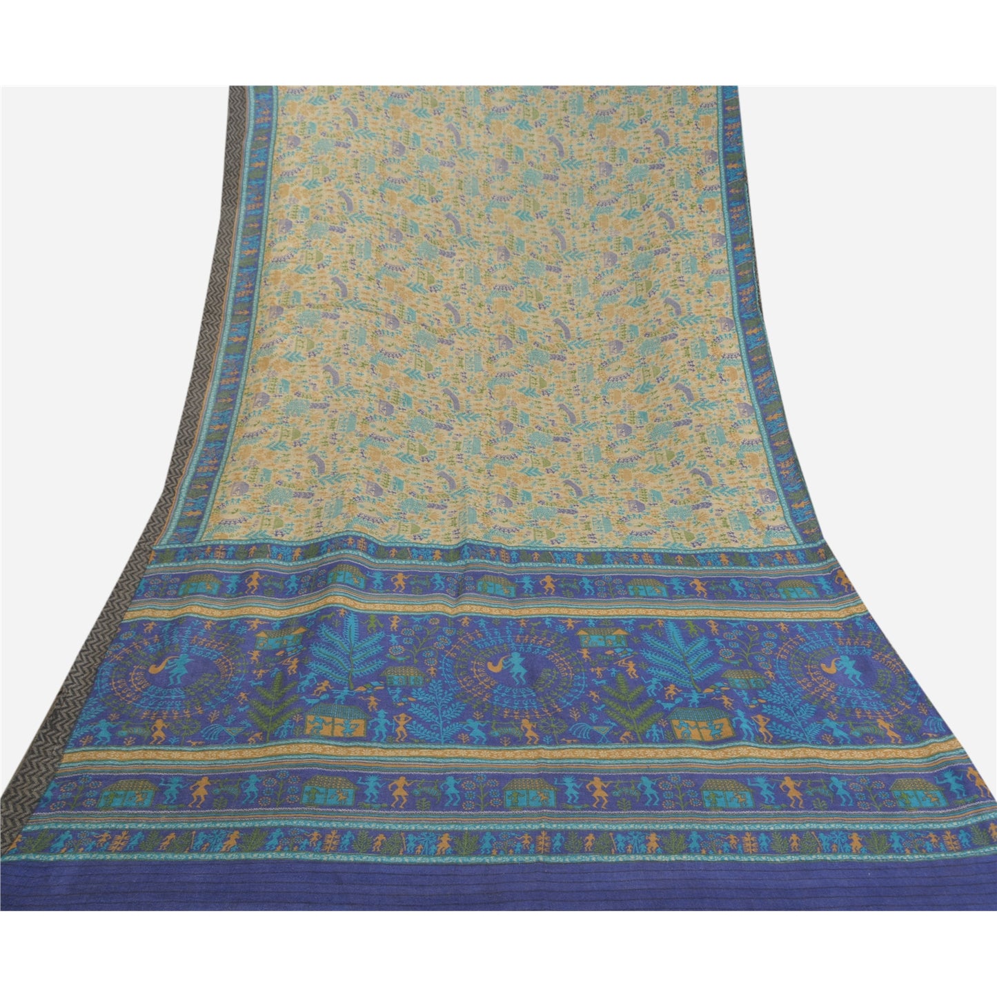 Sanskriti Vintage Heavy Elfenbensfarvet Sari Ren Uld Bæredygtigt Stof Warli Trykte Bløde Sarier