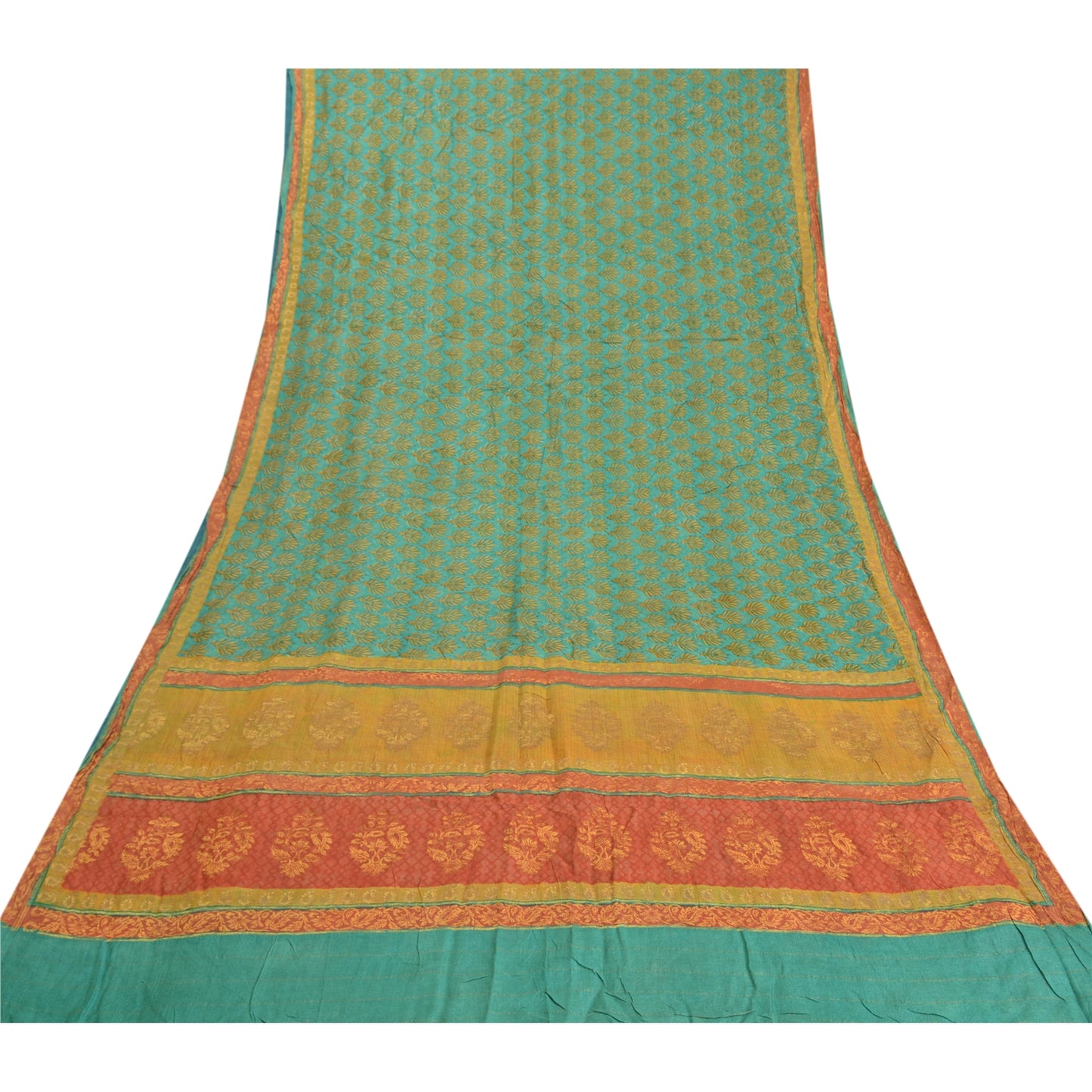 Sanskriti Vintage Heavy Green Sari 100% Pure Woolen Sustainable Fabric Woven Printed Sarees