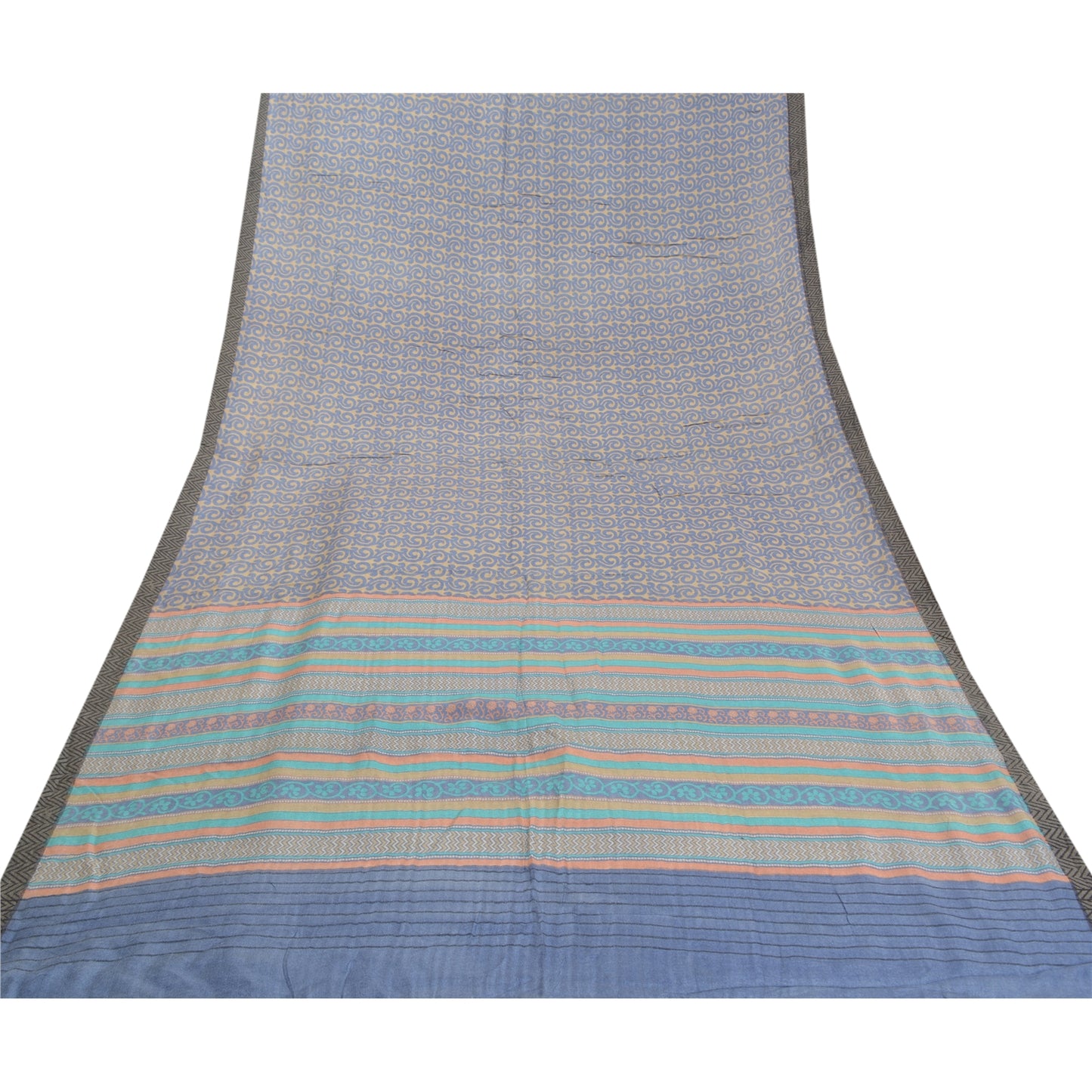 Sanskriti Vintage Heavy Blue Saries Ren Uld Bæredygtigt Stof Trykt 5 Yard Sari