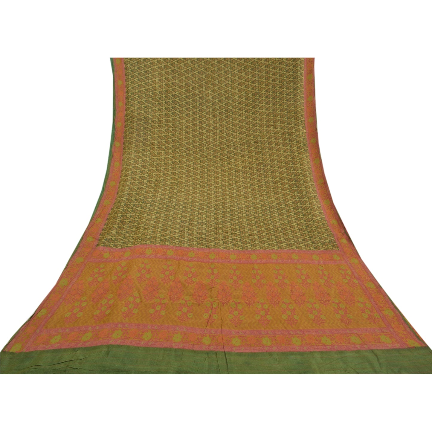 Sanskriti Vintage kraftige grønne sarier i rent ulden, bæredygtigt stof, trykt 5 yard sari