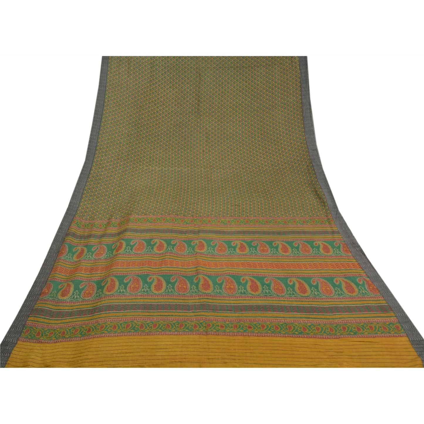 Sanskriti Vintage Heavy Green Sari 100% Ren Uld Bæredygtigt Stoff Trykte Bløde Sarier