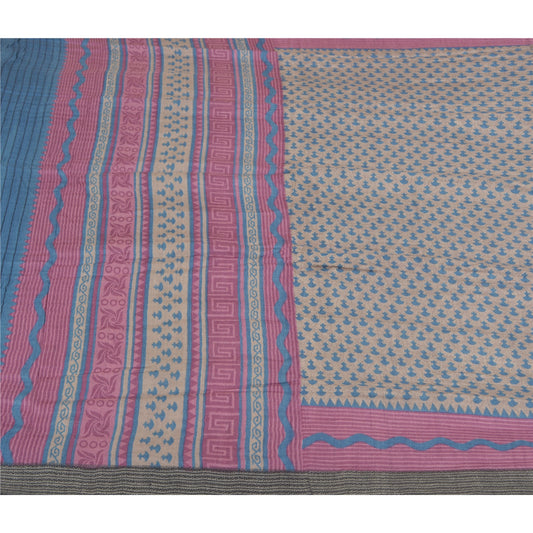 Sanskriti Vintage 100% Pure Woolen Cream/Pink Printed Soft Sarees 5yd Craft Fabric