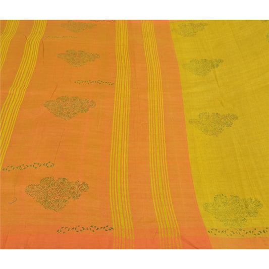 Sanskriti Vintage Sari 100% Pure Woolen Yellow Sarees Hand-Block Printed 6yd Craft Fabric