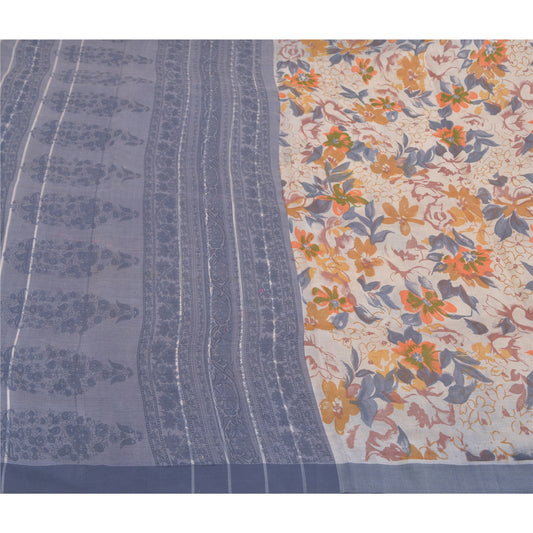 Sanskriti Vintage Sari 100% Pure Woolen White Sarees Printed Fabric 5yd Craft Fabric