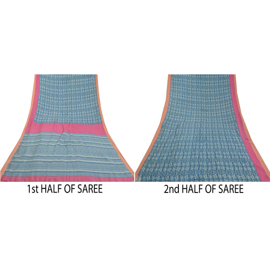 Sanskriti Vintage Sari 100% Pure Woolen Blue Indian Sarees Printed 5yd Craft Fabric